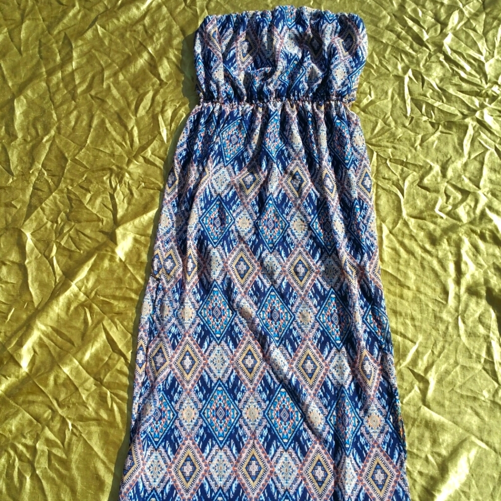 Blue / orange geometric print sleeveless chiffon maxi dress